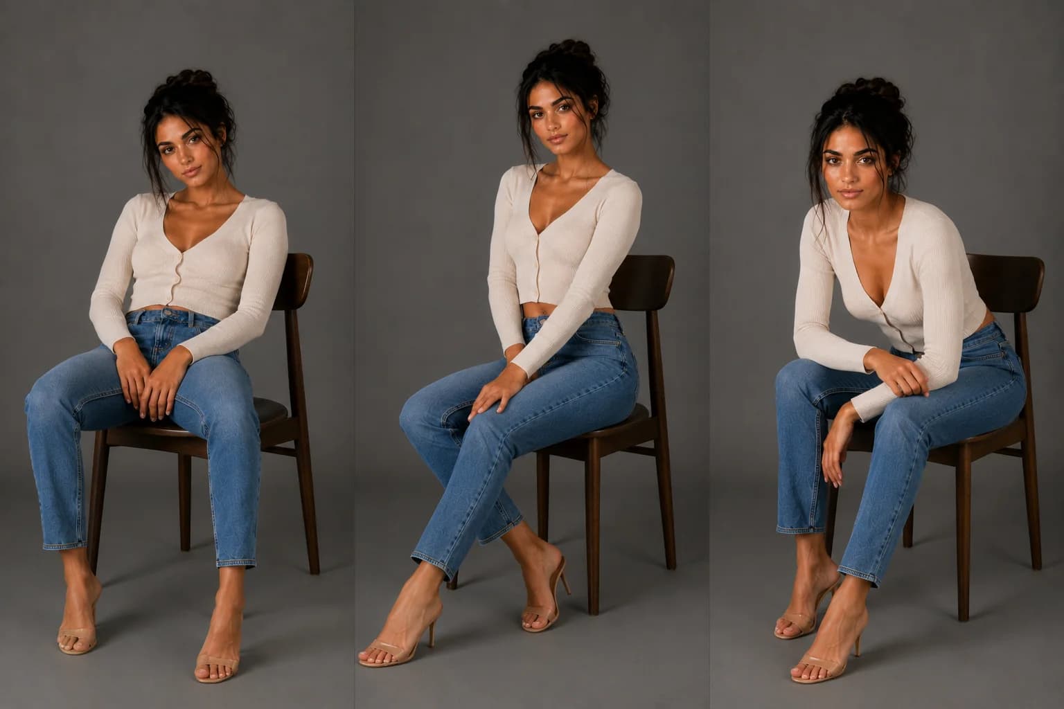 AI-generated three-panel comparison of the same dark-haired woman on the same wooden chair, full-length on a grey backdrop. Left: she sinks back into the chair, spine rounded, hands piled in her lap. Middle: she sits at the front edge of the seat, spine long, legs angled into a diagonal, hands resting on her knee. Right: she leans forward with a forearm across one knee, back still long, weight engaged.