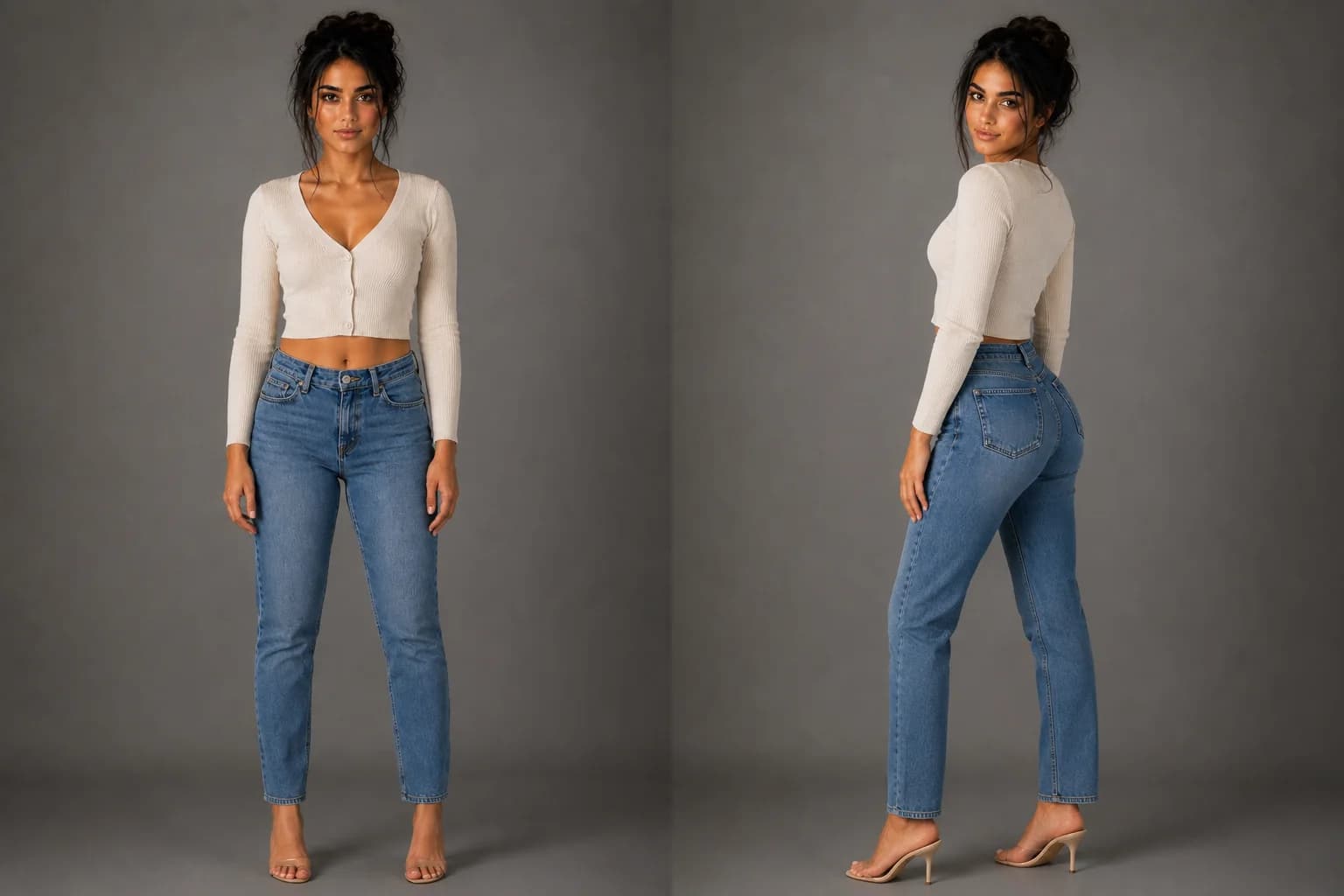 AI-generated two-panel comparison of the same dark-haired woman in a cream cardigan and blue jeans, full-length on a grey backdrop. Left (a 6): she stands square to the camera, weight even on both feet, arms hanging at her sides. Right (an 8): she is turned three-quarters away with her weight settled, looking back at the camera over her shoulder, the body drawing one continuous line from heel to gaze.