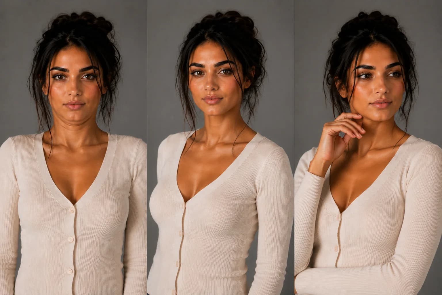 AI-generated three-panel comparison of the same dark-haired woman in a cream V-neck cardigan, head-and-shoulders crop on a grey backdrop. Left: shoulders square to the camera, chin pulled back toward her throat, neck shortened. Middle: shoulders turned slightly off square, neck long, chin pushed forward and dropped, jawline defined. Right: her head turned toward the light, one hand resting edge-on at her jaw, fingers relaxed.