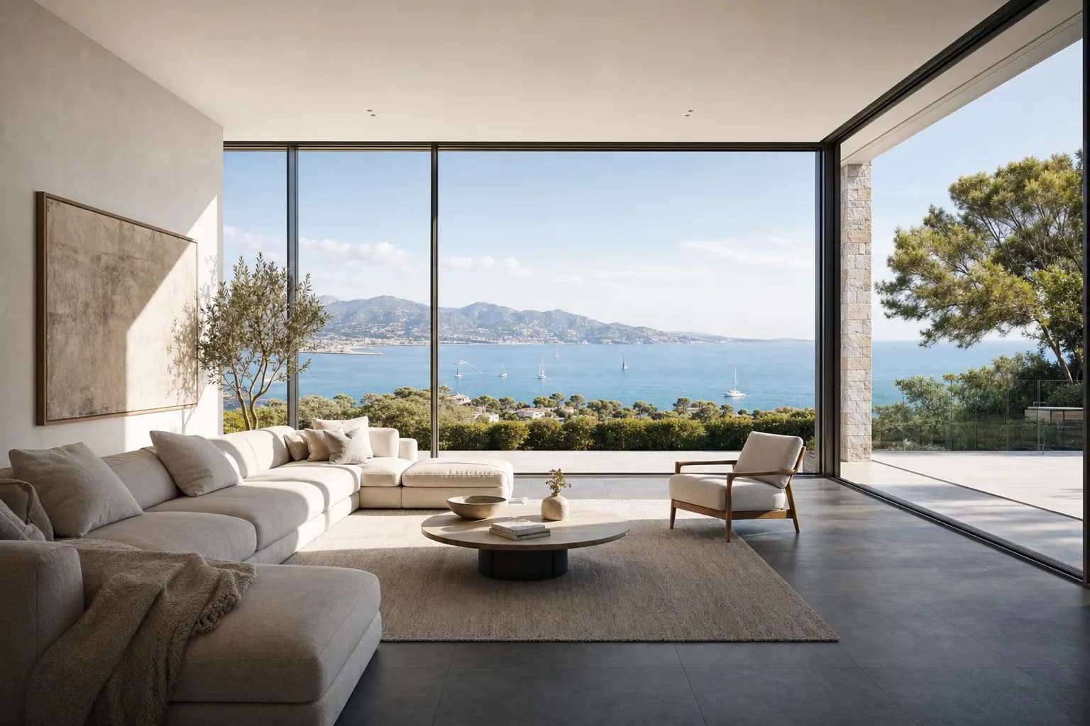 AI-generated image of a bright, immaculately staged modern living room with floor-to-ceiling glass, verticals perfectly straight, and through the windows a wide sunlit bay with sailboats and green hills: the view composed as part of the room's promise.