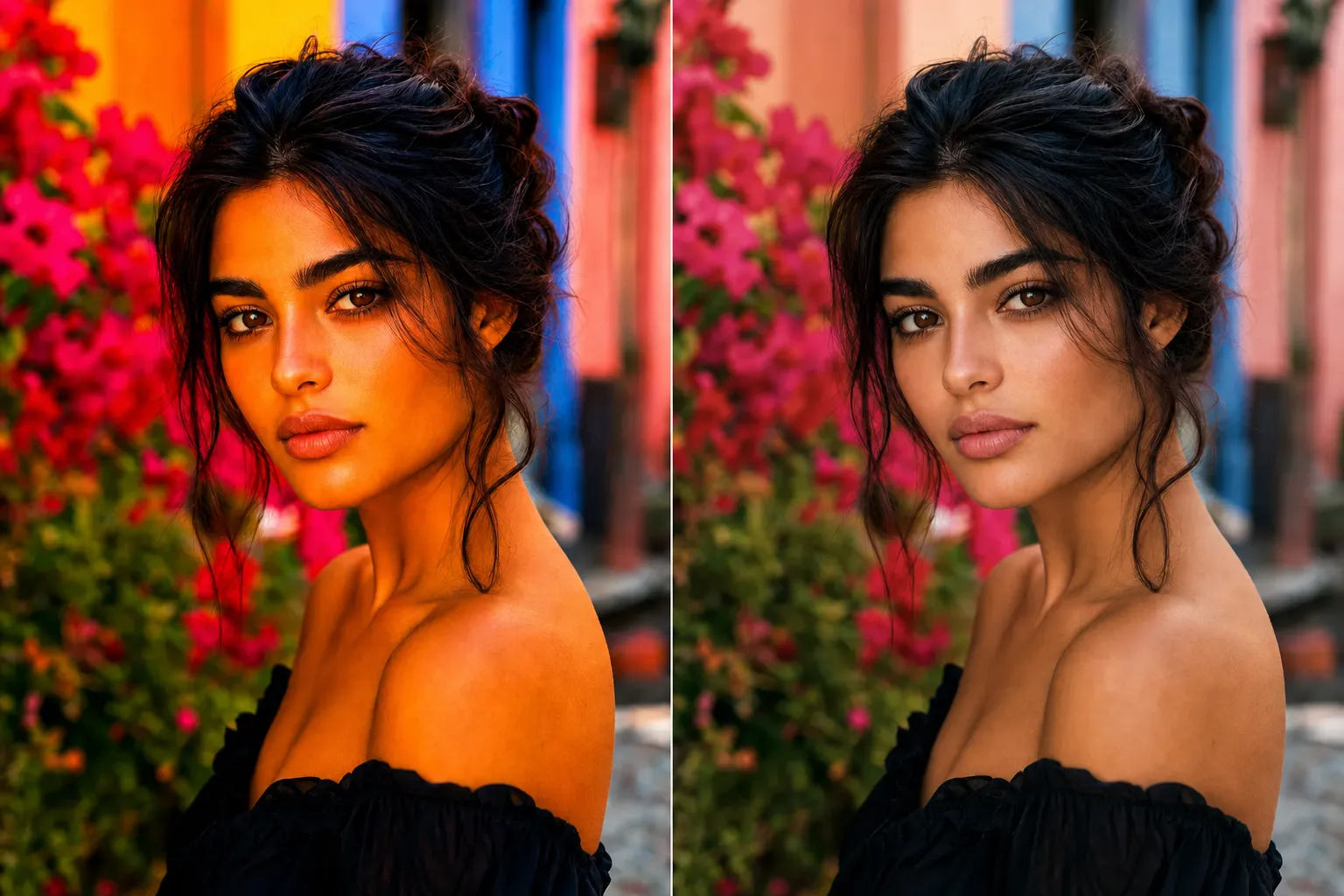 AI-generated image split into two halves showing the same close portrait of a dark-haired woman in a black off-shoulder dress before pink blossoms and painted facades: the left half pushed to heavy saturation with her skin turned orange and the colors harsh, the right half the same frame in balanced, natural color where her skin reads true and only the quieter tones are lifted.
