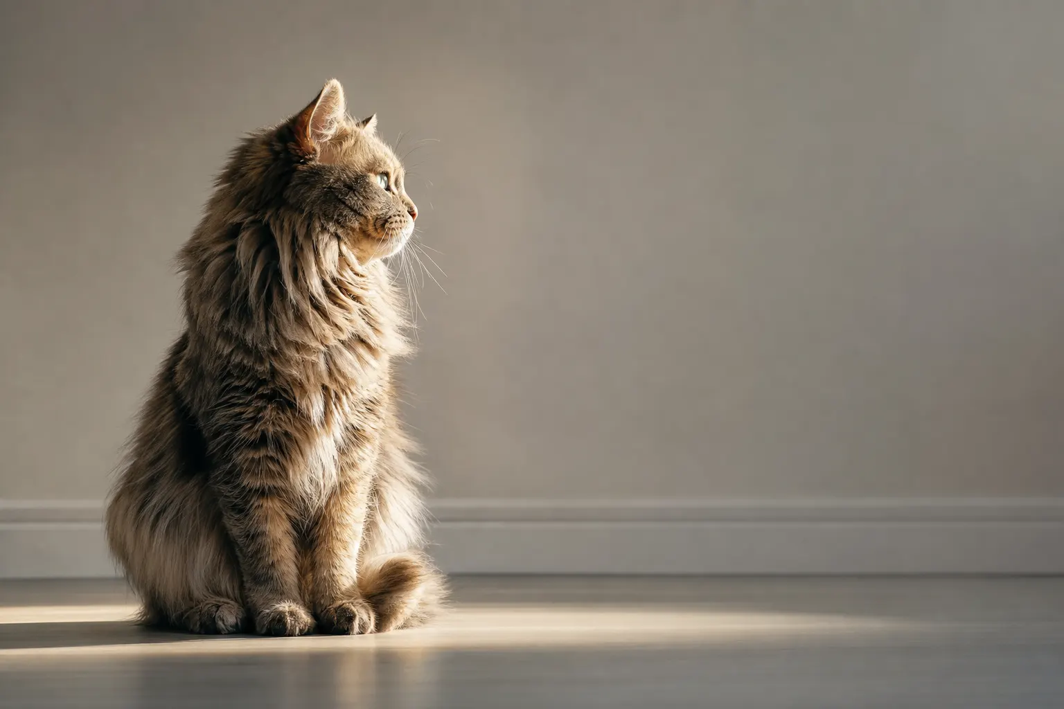 AI-generated image of a long-haired tabby cat in profile, backlit so each fine strand of fur and whisker is crisply resolved, against a plain softly-lit wall.