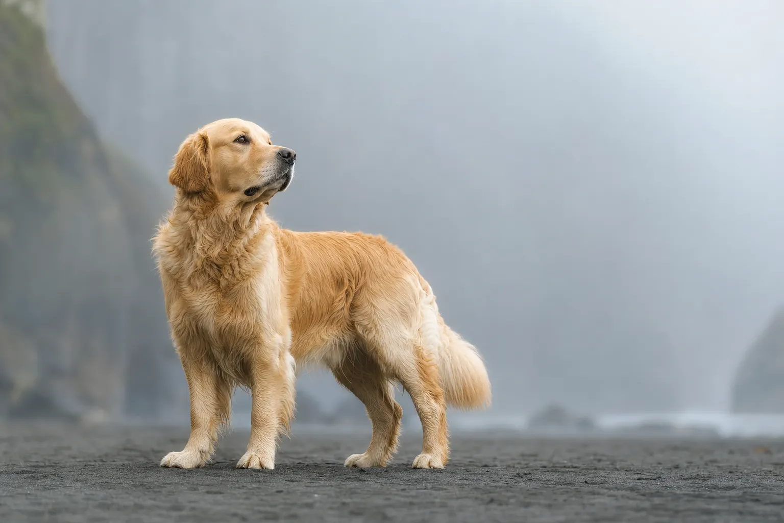 AI-generated image of a golden retriever standing in profile, sharp and warm against a soft, cool, muted foggy background.