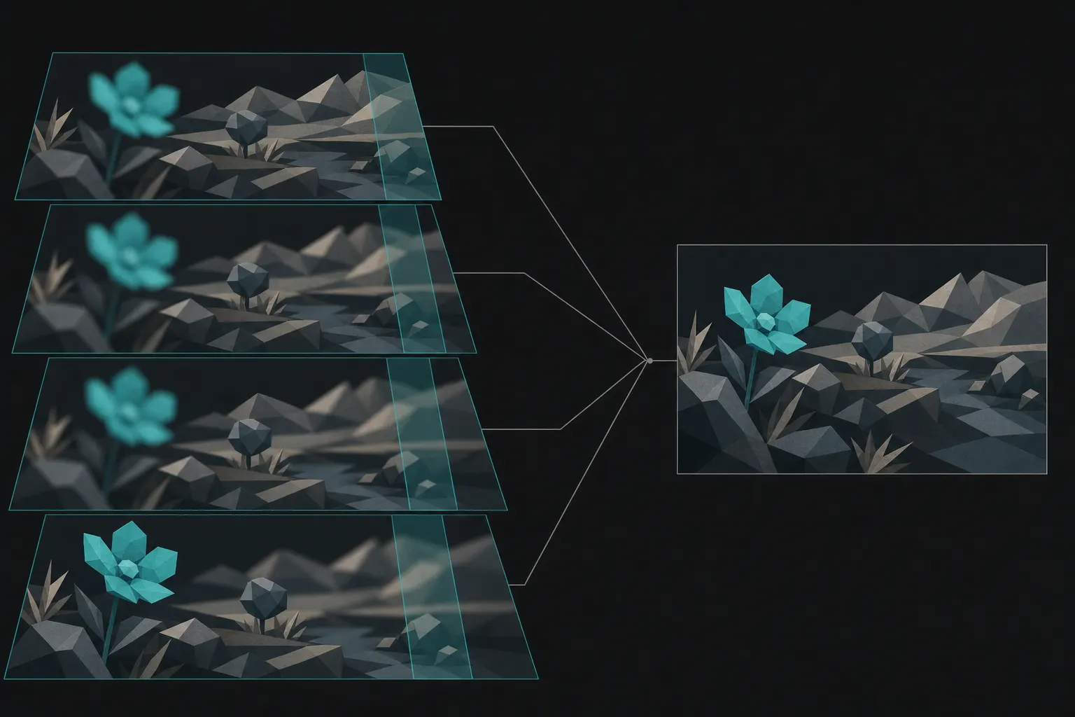 Flat illustration of four stacked frames of the same faceted close-up, a teal flower before rocks and a distant ridge, each frame sharp in a different depth band while the rest blurs, joined by thin lines that merge into a single frame at the right where flower, rocks and ridge are all sharp at once.