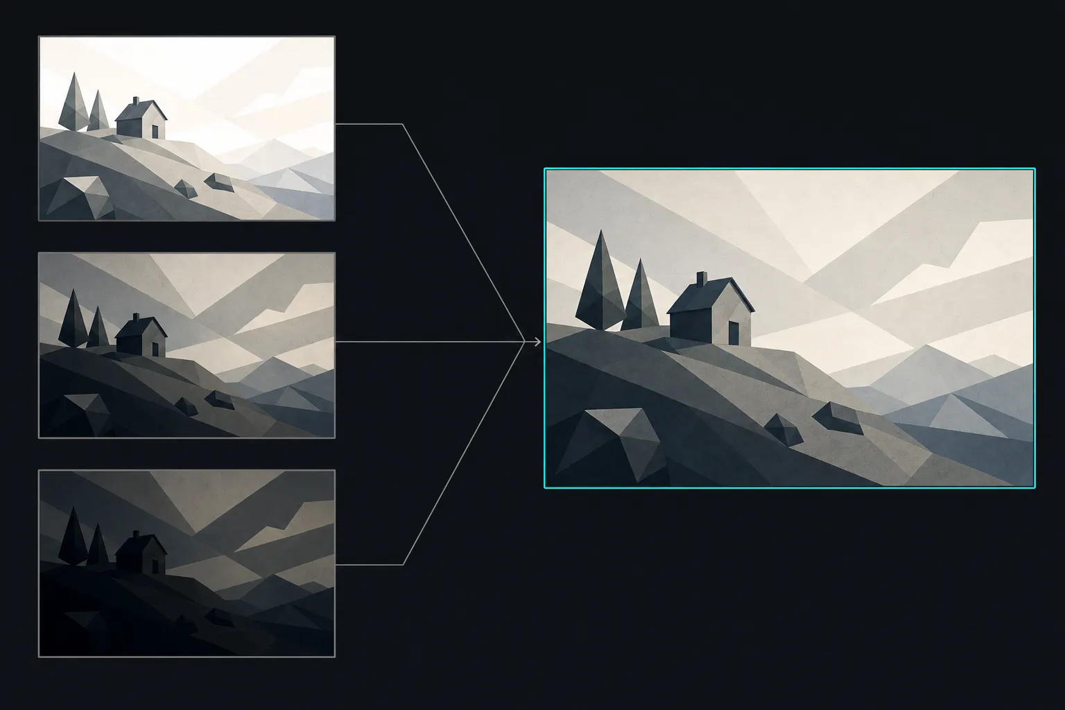 Flat illustration of three small frames of the same faceted hillside cabin bracketed down the left (one bright with the sky washed out, one balanced, one dark with only the sky holding tone), their connector lines converging into an arrow that points to a large teal-outlined merged frame keeping both the sky's pale bands and the shadow detail.