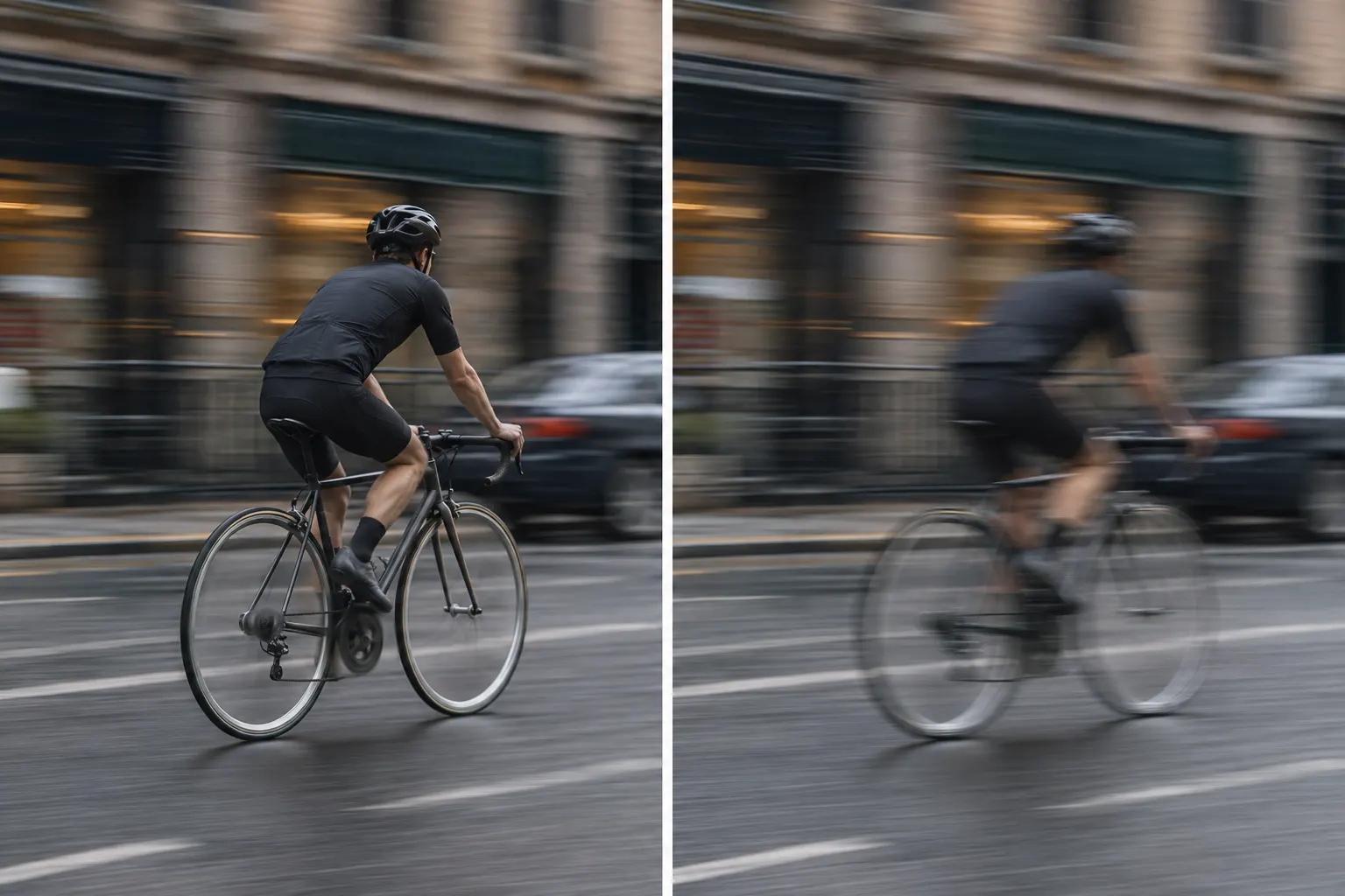 AI-generated image of the same street scene twice, side by side: a road cyclist seen from behind riding left to right past shopfronts and parked cars. On the left, the helmet, rider and bicycle frame are sharp while the spinning wheels, the chainring and the street behind are blurred; on the right, the street blurs the same way and the rider and bicycle are smeared too.