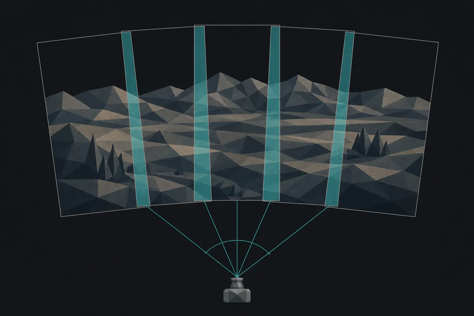 Flat illustration of five upright frames fanned in an arc over one continuous faceted mountain panorama, each neighboring pair overlapping in a translucent teal band, with thin teal lines running down from every frame to a single tripod head, a small arc above it marking the sweep.