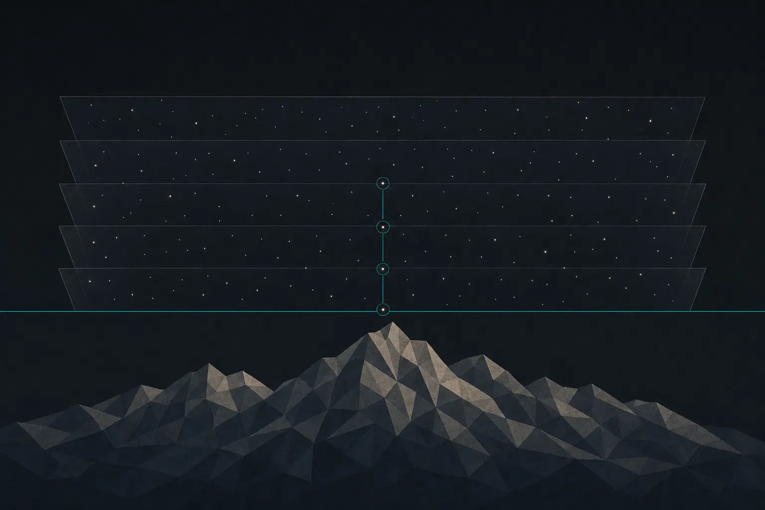 Flat illustration of five faint star-field frames fanned in a stack above a dark faceted mountain, the same star circled in each layer down a vertical teal line to the summit, where a horizontal teal line marks the horizon between the stacked sky and the single sharp peak below.