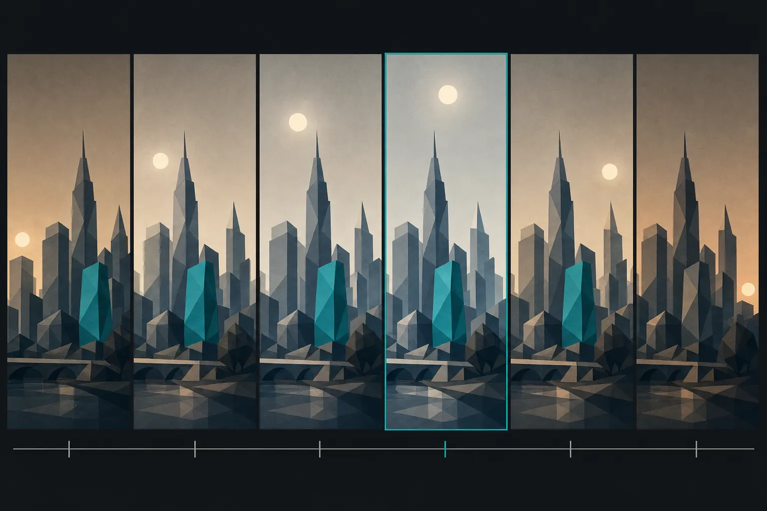 Flat illustration of six tall side-by-side frames of the same faceted city skyline caught at even steps through the day (the sun climbing and sinking, the sky warming and cooling from panel to panel) above an evenly ticked timeline; the fourth frame and its tick are highlighted in teal.