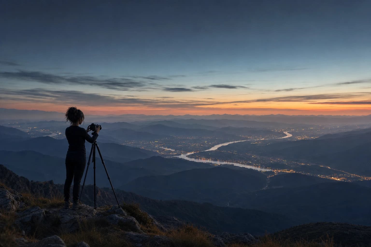 AI-generated wide landscape photograph at dusk: a small silhouetted figure stands at a tripod-mounted camera on a rocky clifftop at the left edge of the frame, facing a vast valley that recedes through layered blue ridgelines into hazy distance, a river winding through it past scattered town lights beneath a band of orange afterglow.