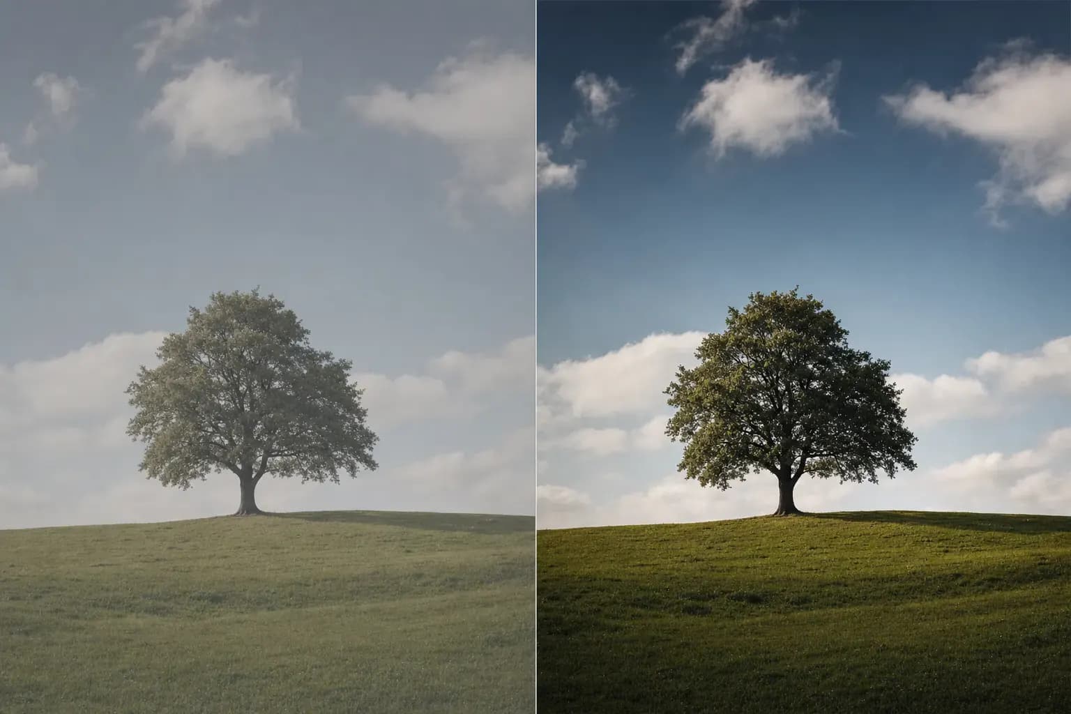 AI-generated image split into two halves showing the same lone tree on a grassy hill under a cloudy sky, the left half flat and hazy with a washed-out grey sky and milky greens, the right half the same scene with contrast raised: a deep blue sky, bright clouds, richer grass and darker shadows.