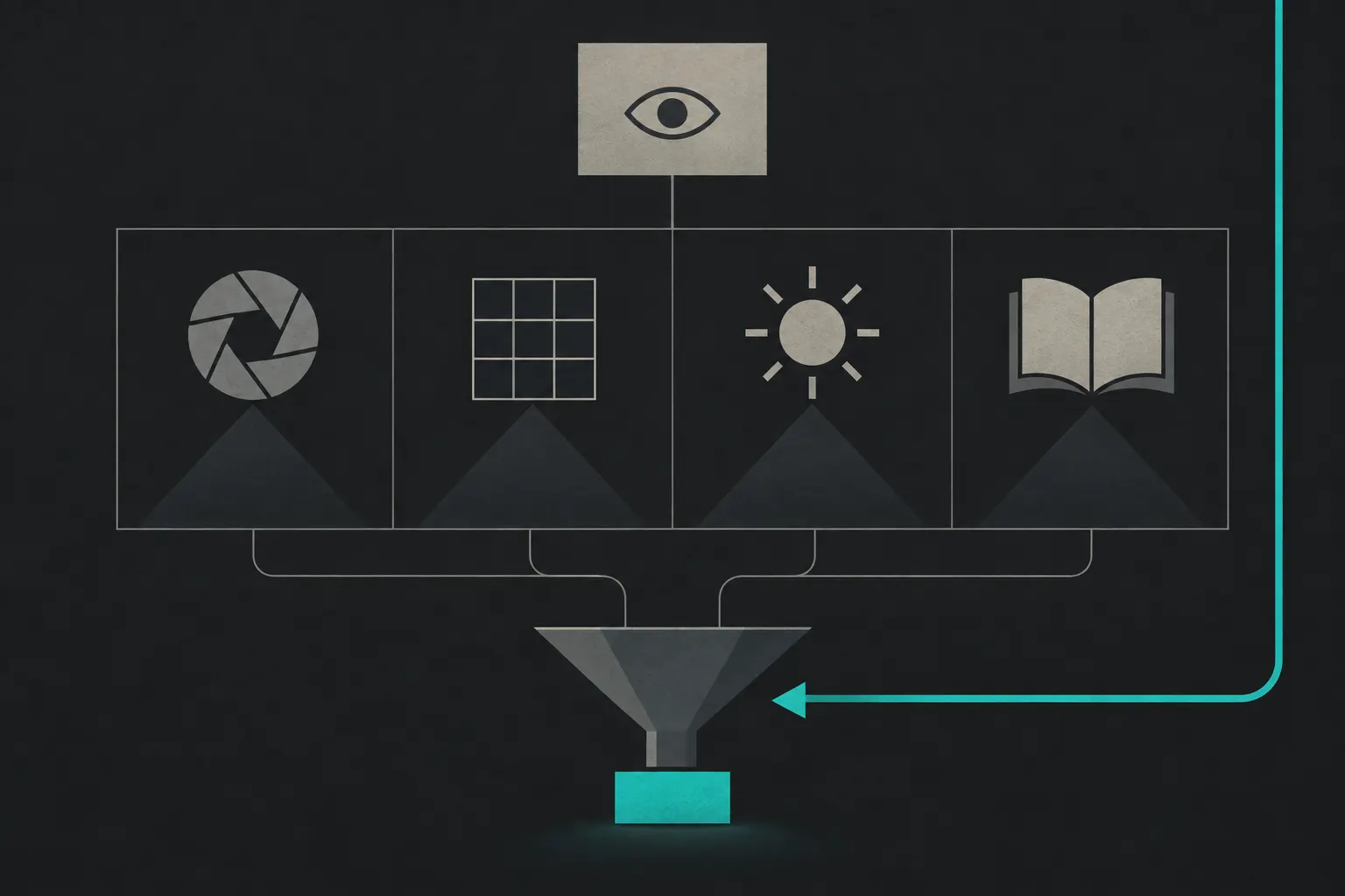 Flat diagram of three stacked stages: a small frame with an eye icon at the top; below it four columns, each topped by an icon for technical, composition, light and story (an aperture, a thirds grid, a sun, an open book) over the same faint shape; their lines funneling down into one small teal box at the bottom, while a teal rail runs down the right edge and turns in to point at the funnel.