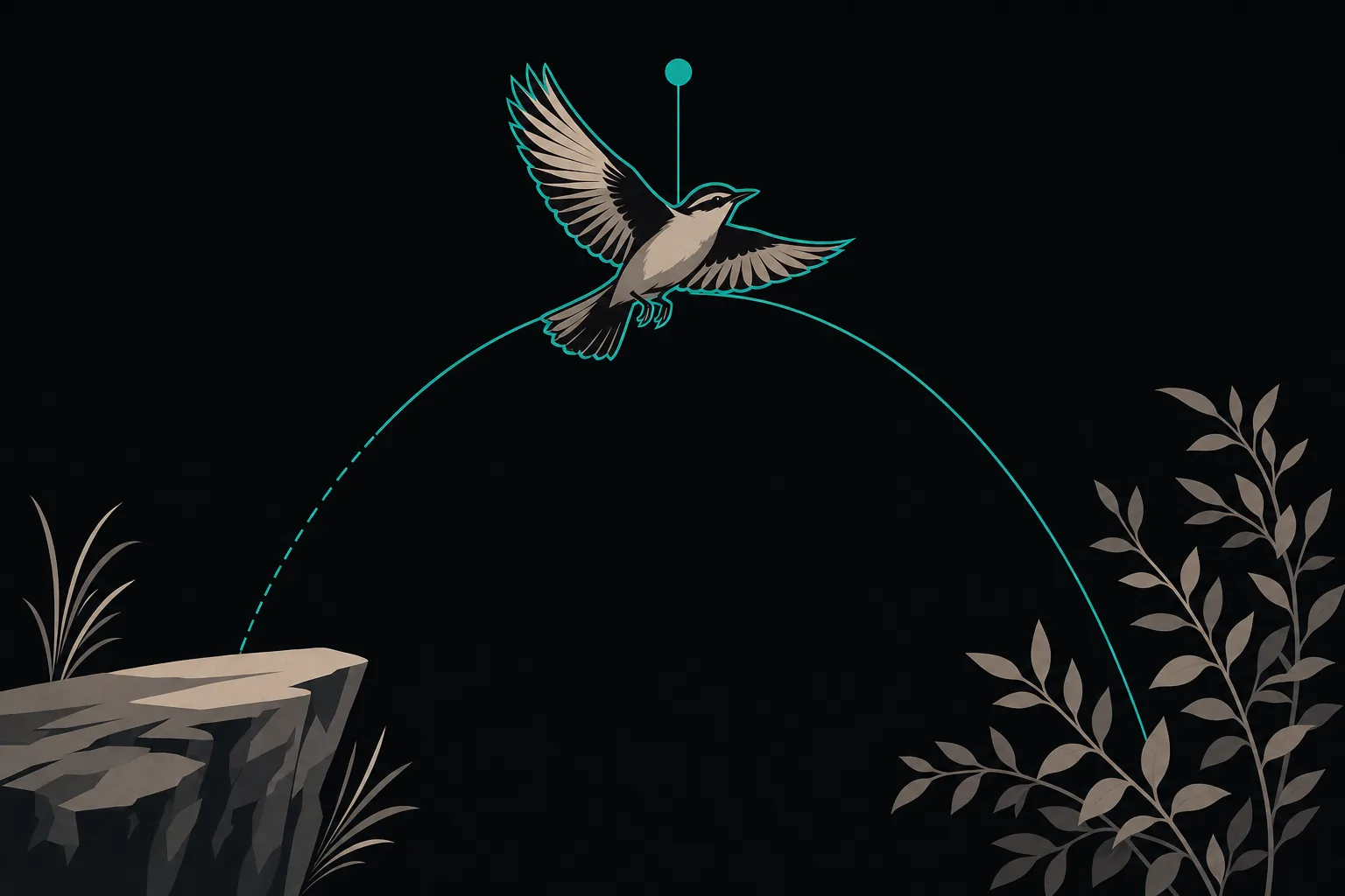 Flat action illustration of a bird frozen at the apex of its arc, wings fully extended, with a teal marker pinning the peak instant on its trajectory.