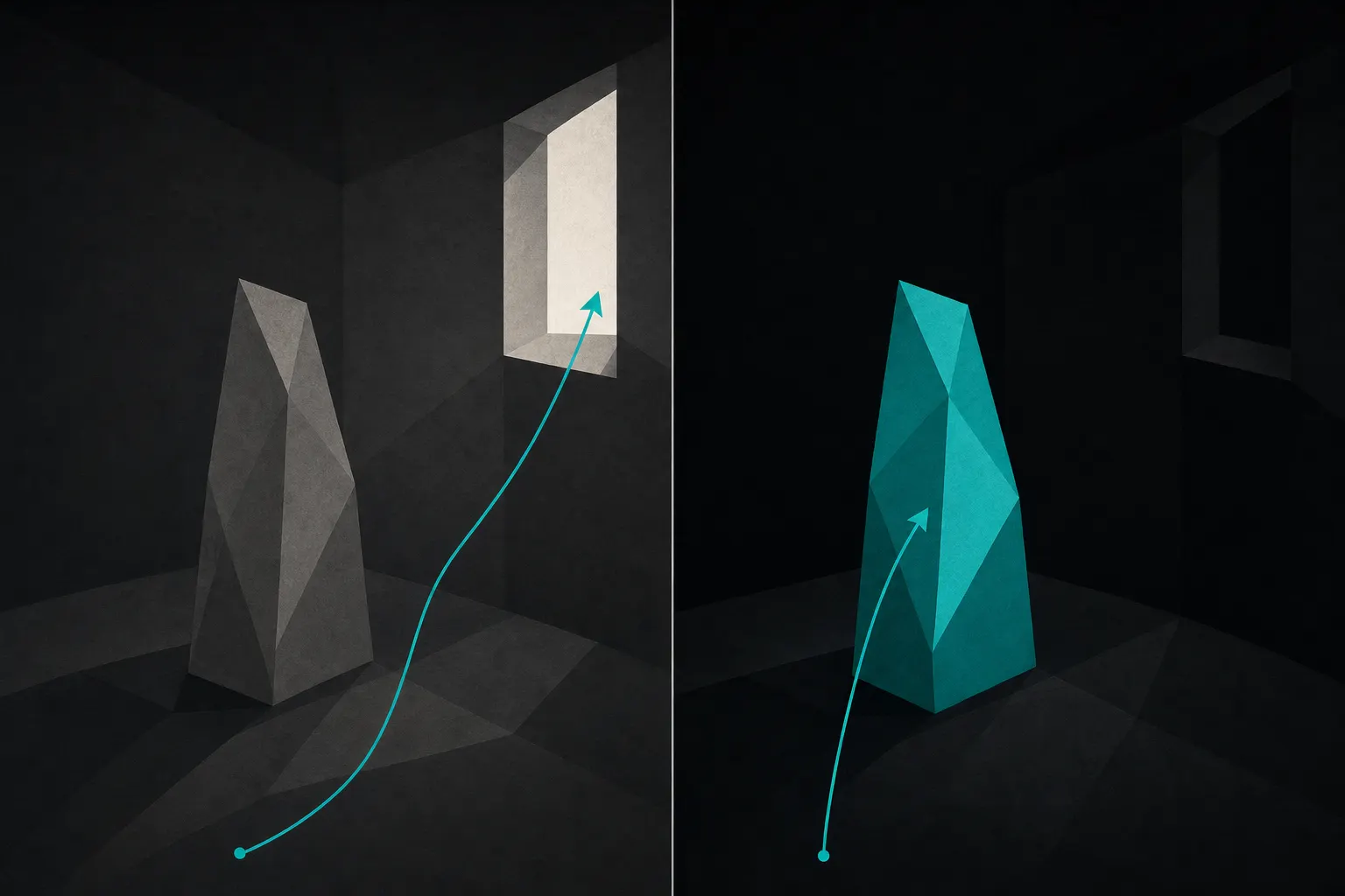 Flat illustration of one faceted interior shown twice. Left (a 6): the subject sits in muted grey matching the wall behind it while a pale window in the corner is the brightest patch, and a thin teal eye-path arrow drifts up and stalls on that bright corner. Right (an 8): the same scene re-ranked (the subject lifted to the single brightest shape in teal against a darkened surround, the corner window burned down to shadow, and the teal arrow routing straight to the subject and resting there).