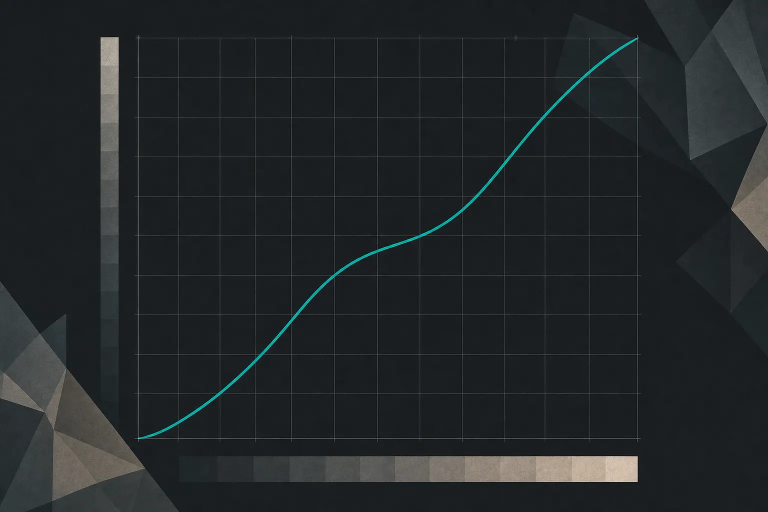 Flat illustration of a measurement grid with a smooth teal S-curve rising from lower-left to upper-right, and dark-to-light gradient strips along the axes.