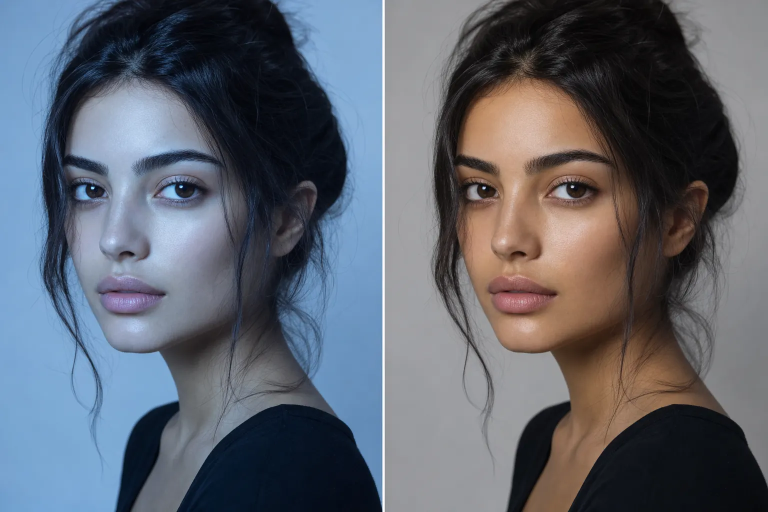 AI-generated image split into two halves showing the same close portrait of a dark-haired woman in a black top: the left half thrown cold under a heavy blue cast that drains her skin to a grey-blue, the right half the same frame corrected to neutral white balance where her skin, hair and the backdrop read in true, warm-accurate colour.
